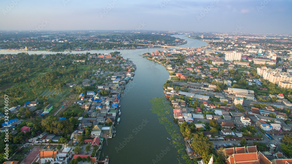 aerial view of domestic life beside chaopraya river in bangkok thailand