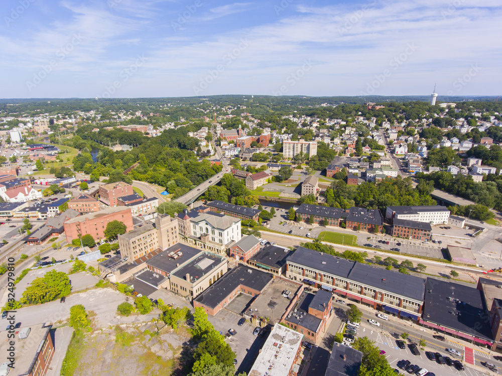 Woonsocket City Hall and Main Street Historic District aerial view in downtown Woonsocket, Rhode Island RI, USA.