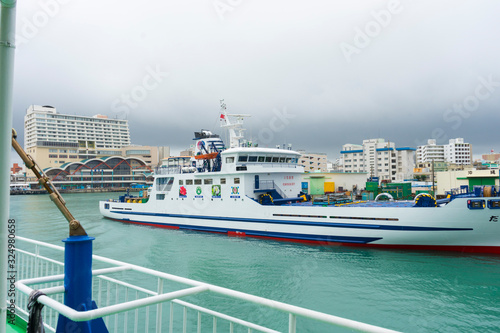 Landscape view of Naha Cruise Terminal in rainy day in Naha, Okinawa, Japan photo