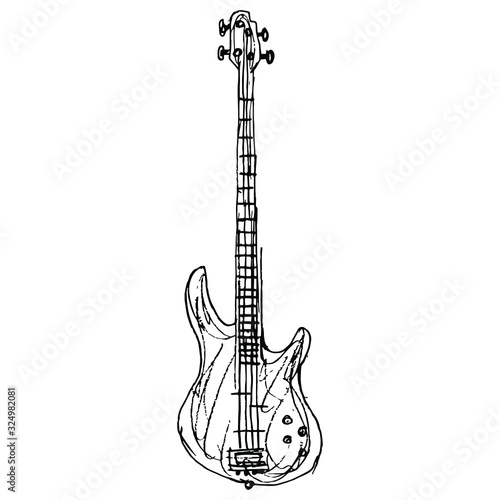 Electric bass guitar. Isolated vector illustration. Hand drawn linear rough doodle sketch. Black silhouette on white background.