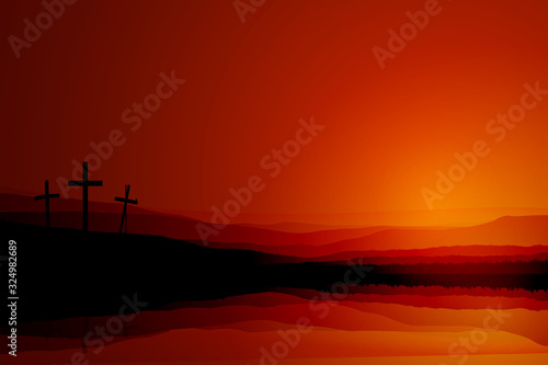 Christian Cross. Illustration of a wooden crucifix at sunrise. Represents the resurrection of Jesus Christ.