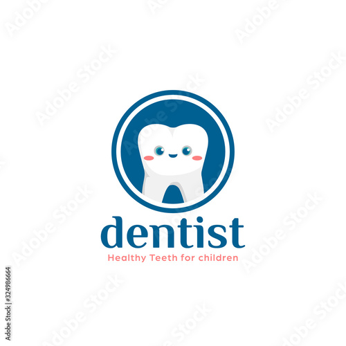 Dentist dental care for children logo with cute tooth children kid cartoon mascot character icon
