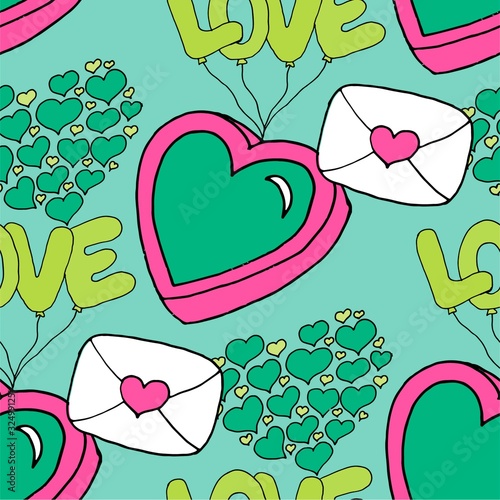 Valentine's day seamless pattern with coffee cup and hearts. Beautiful greeting card with valentines day seamless pattern. Red heart valentine love logo vector. Holiday background.Vector illustration