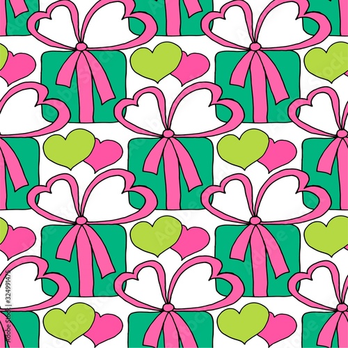 Valentine's day seamless pattern with hearts and gifts. Beautiful abstract pattern with Valentine's day seamless pattern for decorative design. Logo element for wedding illustration. Vintage design.
