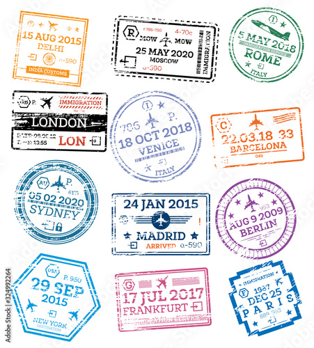 Collection of Passport Stamps Isolated on White. Vector Illustration.