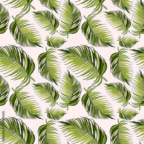 Floral seamless pattern, green palm leaves on a pale pink background.