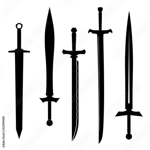 swords set. sword isolated on white background , Military sword  ancient weapon design silhouette, European straight swords., vector illustration, Daggers and Knifes Hand Drawn