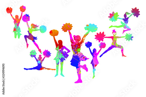 Popular Cheerleader Logo Design. Colorful Sports Background. Dancing girl splash paint. Icon, Symbol, Silhouette, Exercises, Healthcare. Vector illustration.  