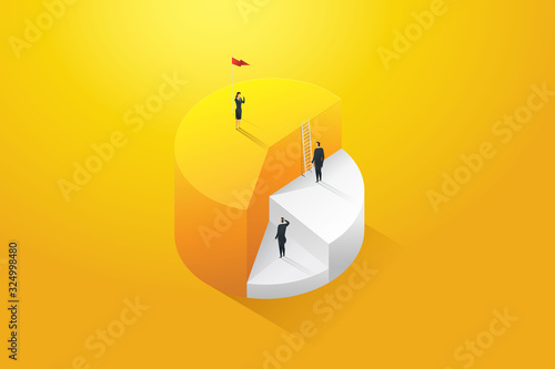 Business person climbing ladder up to the target goal and success on, pie chart. Business concept illustration Vecto