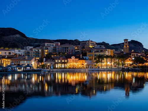 Photography Night view of the beautiful buildings in Lake Las Vegas
