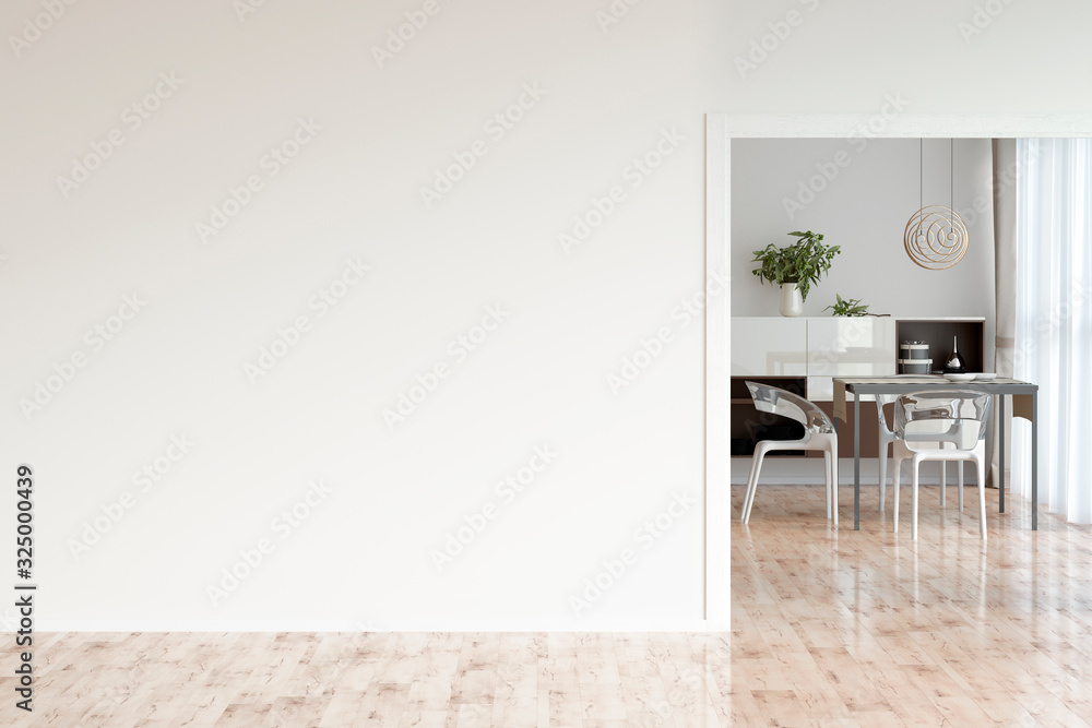 Empty room with a light wall overlooking the dining room. Front view