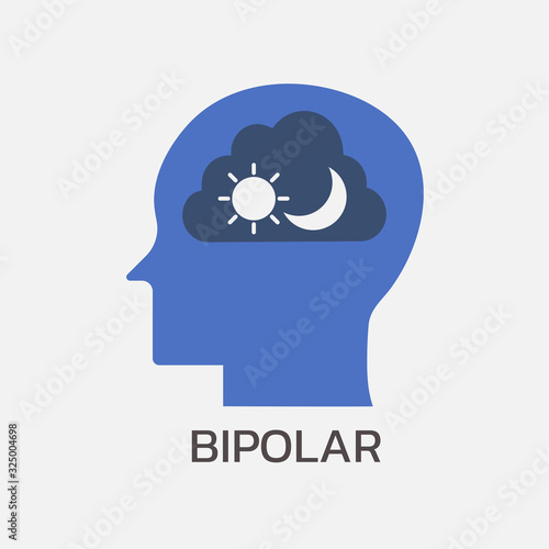 concept of mental health with human head silhouette with bipolar inside brain or mind, psychological. sign symbol icon vector flat illustration 