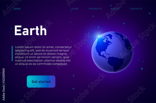 Earth themed landing page template in neon violet style, 3d earth icon as a main object of the illustration.