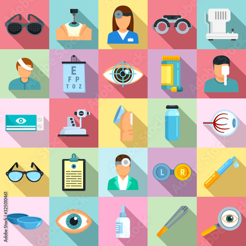 Eye examination icons set. Flat set of eye examination vector icons for web design