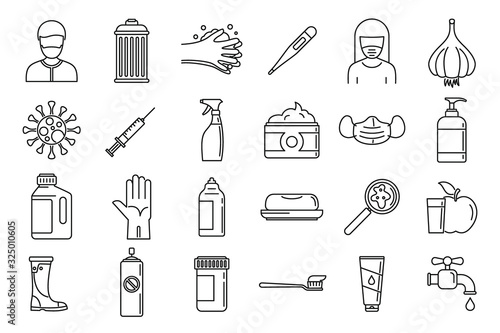Prevention disease icons set. Outline set of prevention disease vector icons for web design isolated on white background