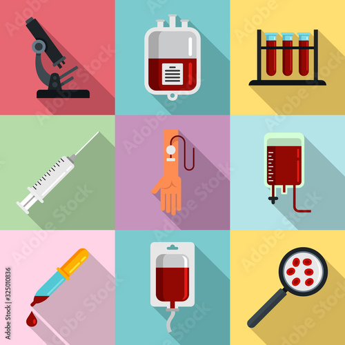 Blood transfusion icons set. Flat set of blood transfusion vector icons for web design