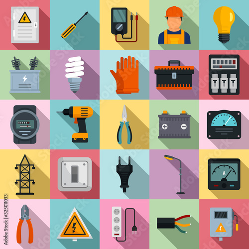 Electrician service icons set. Flat set of electrician service vector icons for web design