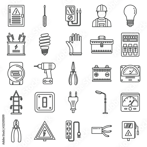 Safety electrician service icons set. Outline set of safety electrician service vector icons for web design isolated on white background