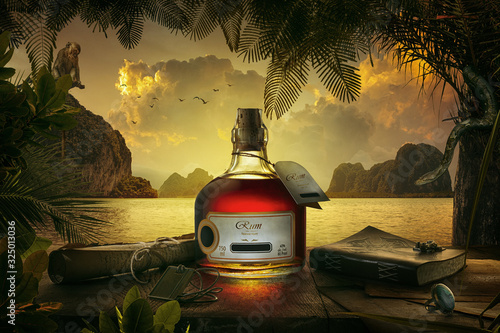Photo NO LOGO OR TRADEMARK!  view of bottle of rum  on sunset background
