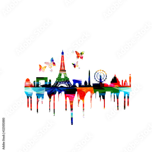 Colorful cityscape view of Paris vector illustration. Tourism and travel poster background. Famous Paris skyline landmarks design for web banner, card, brochure, promotion material