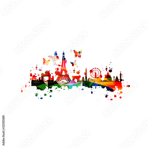 Colorful cityscape view of Paris vector illustration. Tourism and travel poster background. Famous Paris skyline landmarks design for web banner, card, brochure, promotion material
