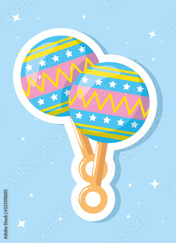 rattle baby toy in blue background vector illustration design