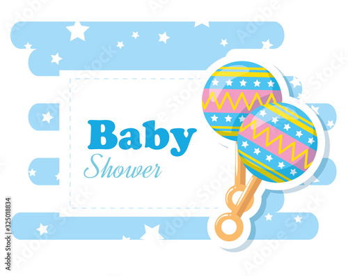 baby shower card with rattle toy and decoration vector illustration design