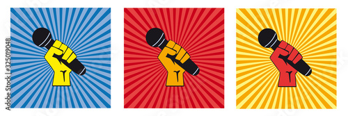 Fist and microphone. Concept of voice of the protest. Vector illustration