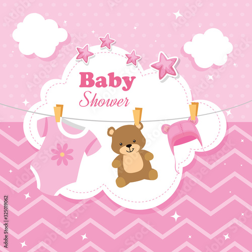 baby shower card with decoration hanging vector illustration design