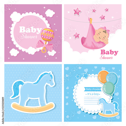 set of baby shower cards with decoration vector illustration design