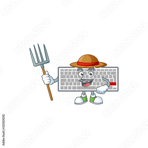sweet Farmer white keyboard cartoon mascot with hat and tools