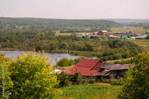 Wallpaper Mural Green meadow with lonely green trees far away and blue calm tender sky above. Yellow dry grass. Electric poles in the field. Small town far away.Travelling. Landscapes  Torontodigital.ca