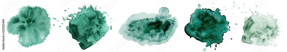 Obraz Abstract watercolor dark green shapes on white background. Color splashing hand drawn vector