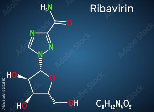 Ribavirin, tribavirin, C8H12N4O5 molecule. It is antiviral medication for treatment RSV infection, hepatitis C, some viral hemorrhagic fevers, coronavirus COVID-19. Dark blue background.