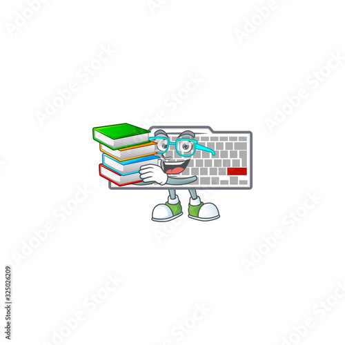A brainy clever cartoon character of white keyboard studying with some books
