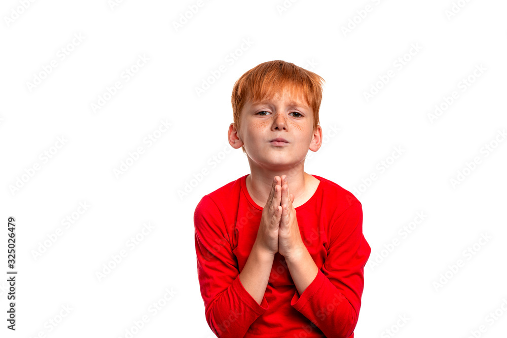 Shot of attractive red-haired boy asking for something, isolated Shot of attractive red-haired boy asking for something, isolated