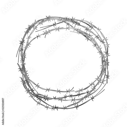 Bright hank of metal barbed wire on white