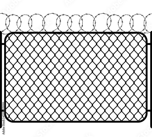 Chain link fence with barbed wire, black seamless silhouette on white