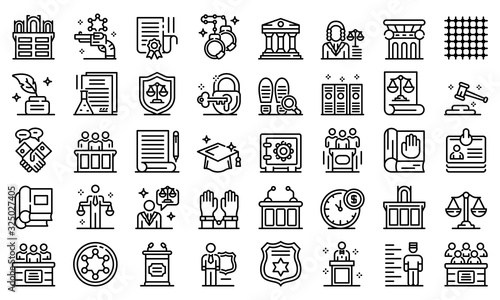 Prosecutor icons set. Outline set of prosecutor vector icons for web design isolated on white background
