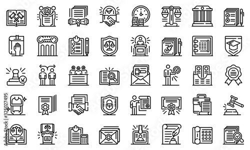 Notary icons set. Outline set of notary vector icons for web design isolated on white background