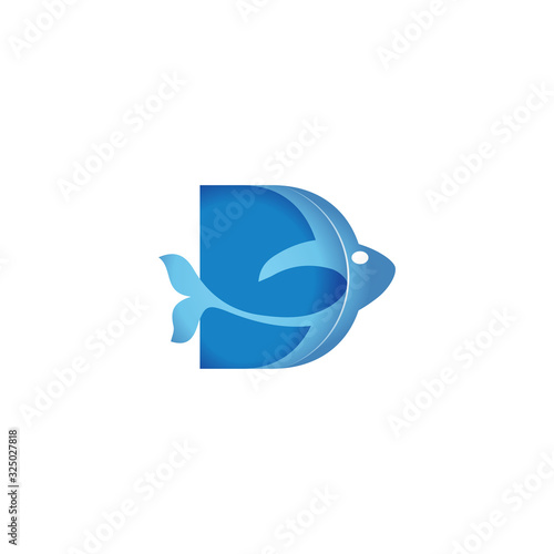letter D blue fish, vector logo