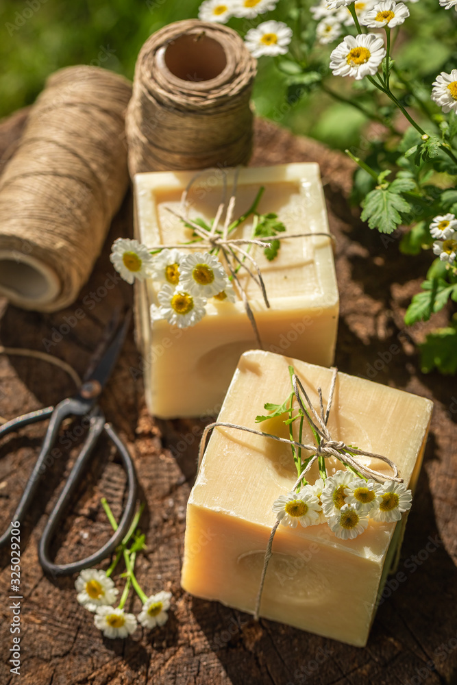 Handmade cubes of chamomile soap made of fresh ingredients Handmade cubes of chamomile soap made of fresh ingredients