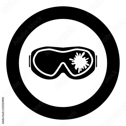 Paintball mask with mark of paint Blot on glass icon in circle round black color vector illustration flat style image