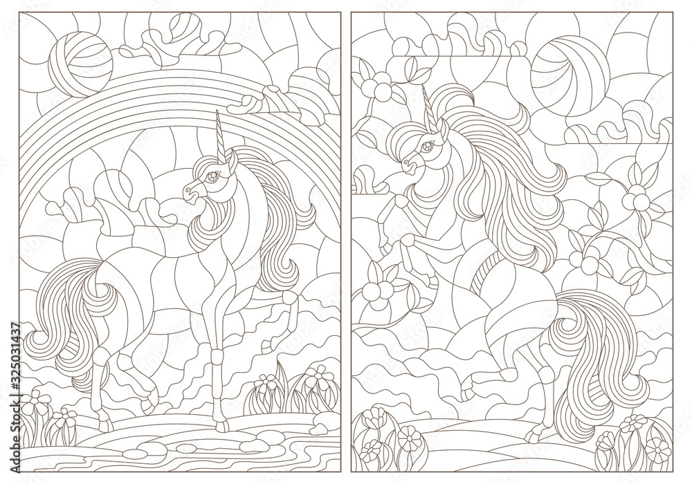 Set of contour illustrations in stained-glass style unicorns on the background of landscapes, dark contours on a white background