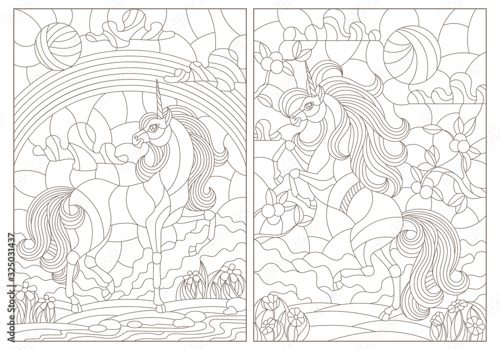 Set of contour illustrations in stained-glass style unicorns on the background of landscapes, dark contours on a white background Set of contour illustrations in stained-glass style unicorns on the background of landscapes, dark contours on a white background