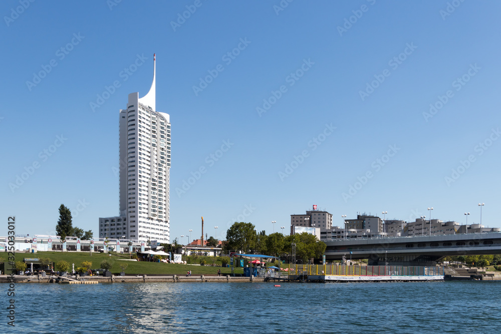 Vienna, Austria - September 4, 2019: Modern business district in the Danube city with Hochhaus Neue Donau skyscraper