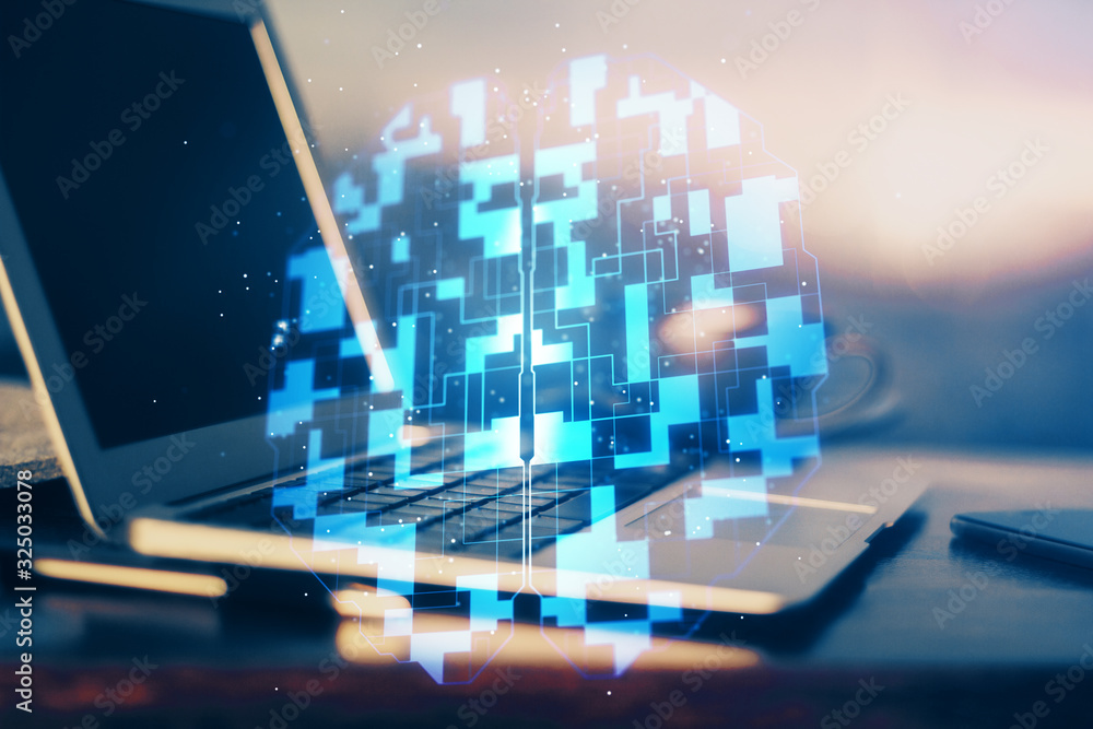 Obraz premium Double exposure of desktop computer and technology theme hologram. Concept of software development.