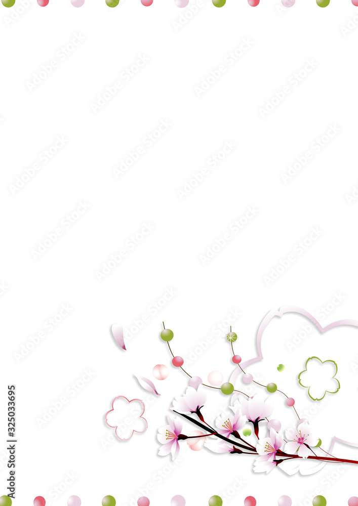 桜の花に玉飾りと桜型のオブジェのイラストアート長方形レイアウト縦スタイル背景素材