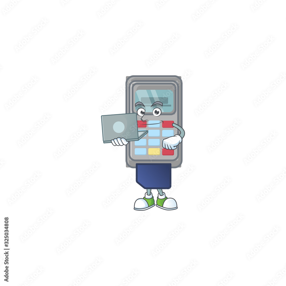 A smart POS machine mascot icon working with laptop A smart POS machine mascot icon working with laptop