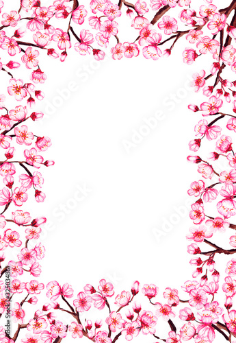 Watercolor floral sakura frame. Spring cherry blossom border, isolated on white.